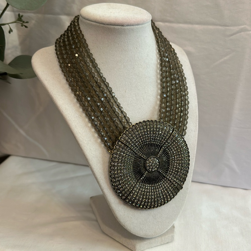 Heidi Daus beaded smoky quartz 6 strand Belgium Disc pendant choker necklace - Picture 15 of 15